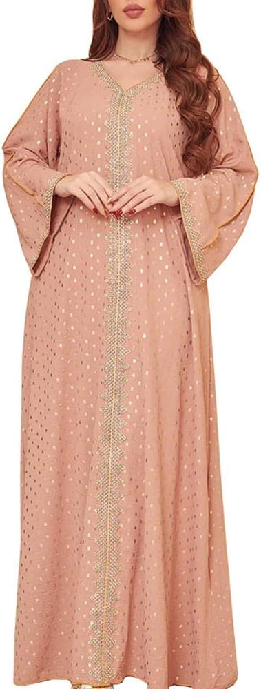 FPOVFPO Women's Muslim Abaya One-Piece V Neck Bronzing Dress Islamic Full Length Kaftan Daily Casual