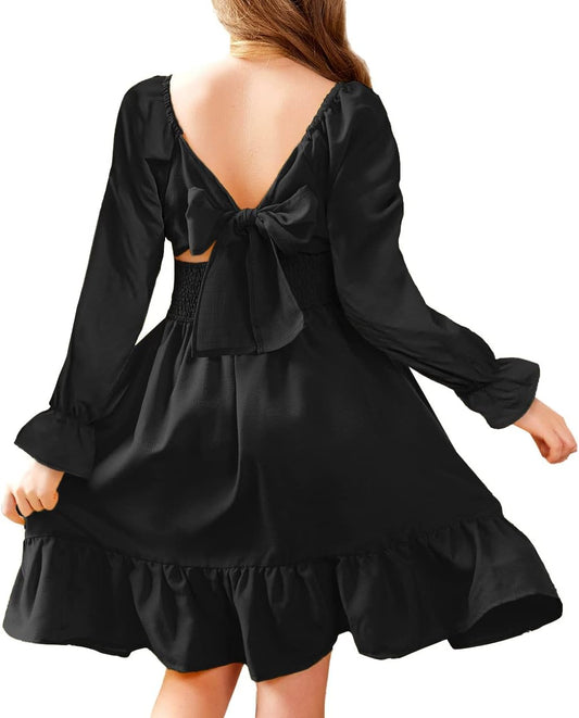 Arshiner Girls Dresses Long Sleeve Tie Back Fall Winter Off Shoulder Dress Kids Clothes