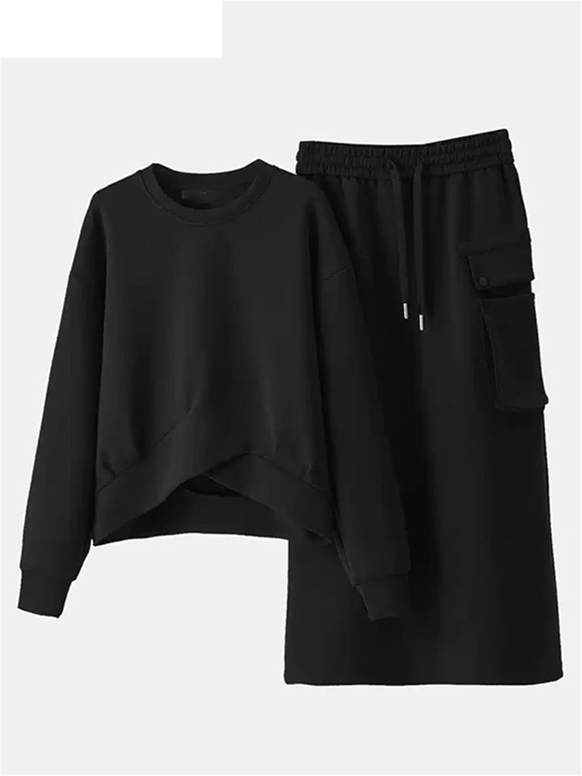 Women Spring Fall Sweatshirts Dress Sets Long Sleeve Hoodies Midi Skirt Two-Piece Set