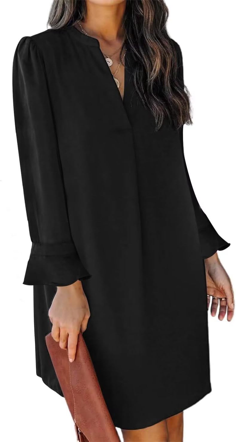 QACOHU Fall Dresses for Women 2025 Casual V Neck Long Sleeves Flowy Mini Tunic Dress
