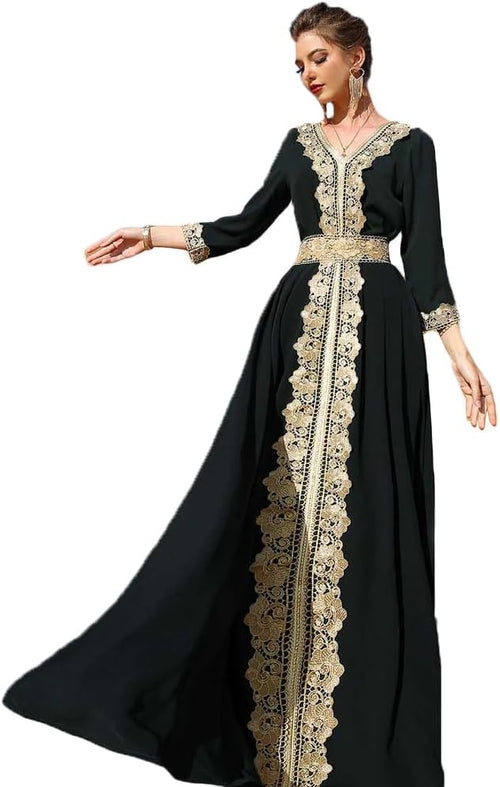 PolyJolly Gold Applique Abaya Dress for Women Dubai Sadui Fancy Moroccan Arabic Jalabiya Eid Collection