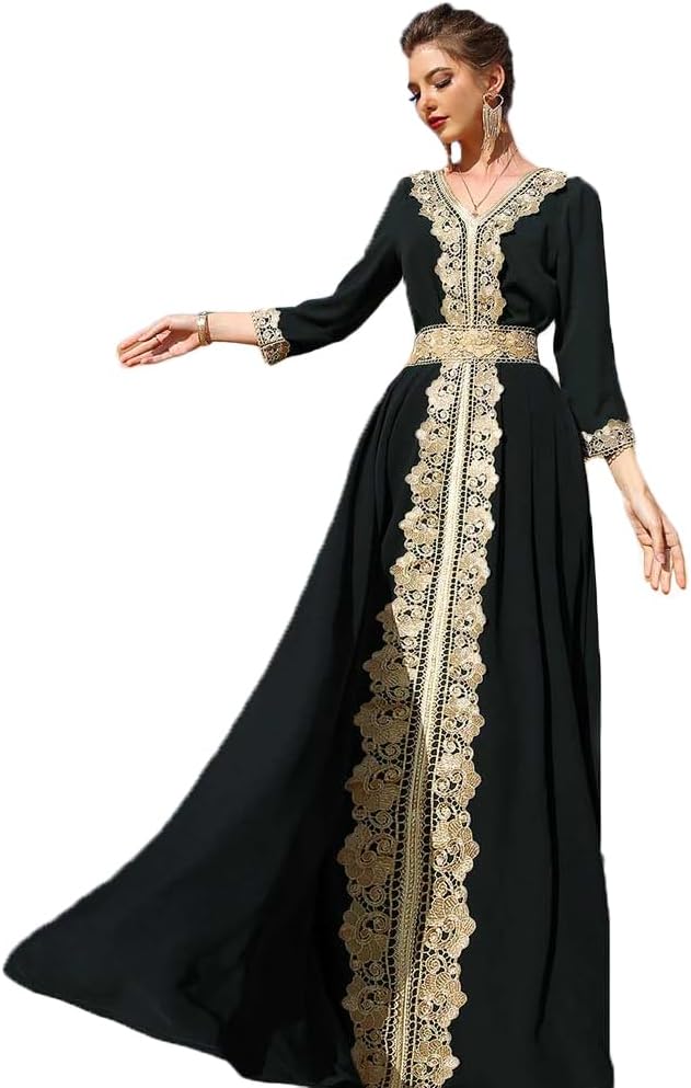 PolyJolly Gold Applique Abaya Dress for Women Dubai Sadui Fancy Moroccan Arabic Jalabiya Eid Collection