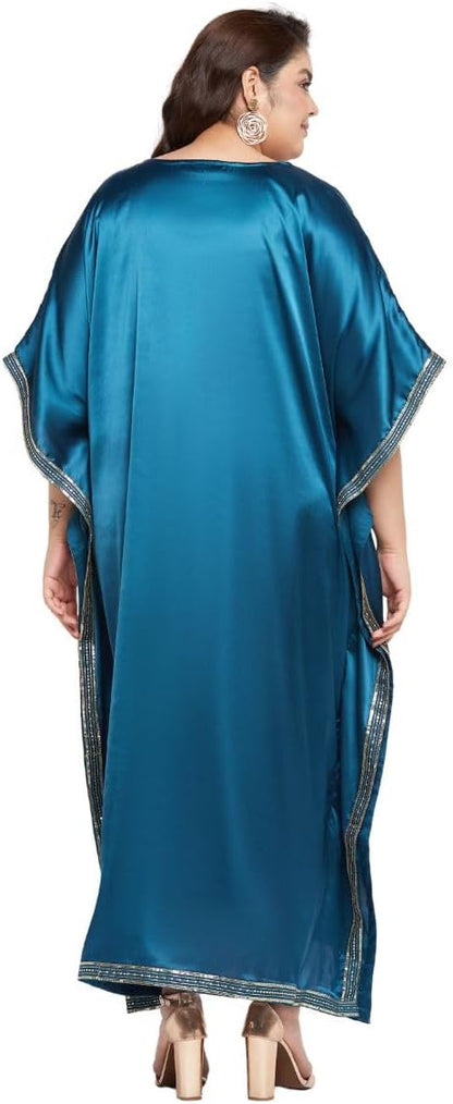 Gypsie Blu Women’s Plus Size Satin Sequin Kaftan Dress with Kimono Sleeves Casual Resort Wear Stylish Loose Fit Evening Dress