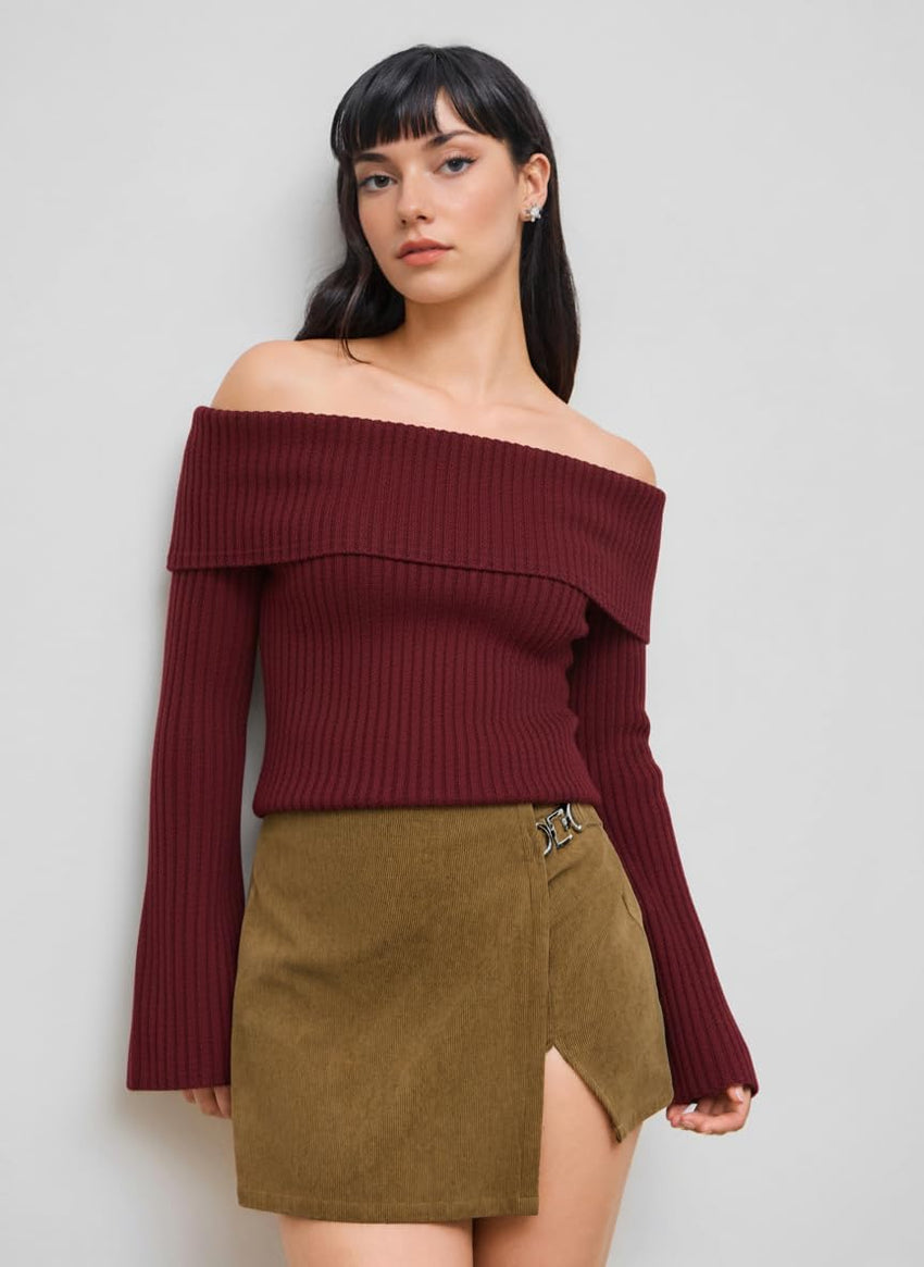 CIDER Off The Shoulder Tops for Women Long Sleeve Going Out Y2K Tops Knit Pullover Fall Outfits Trendy 2025