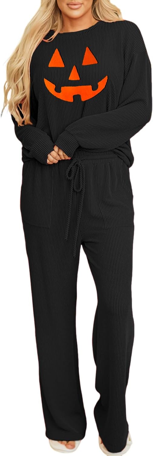 Women Pajamas Set Loungewear Ribbed Long Sleeve Top and Pants with Pockets Lounge Sweatsuit Set