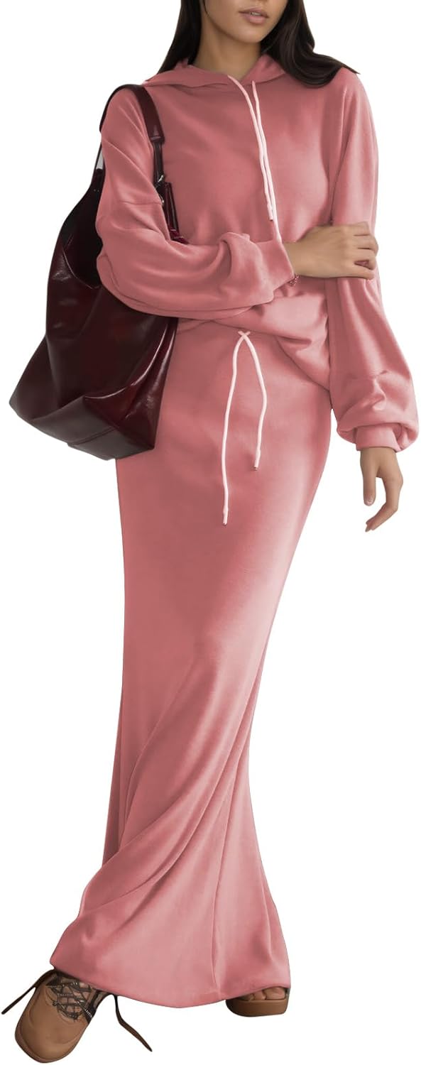 EXLURA Women 2 Piece Outfits Fall Airport Long Sleeve Hoodies Matching Long Skirt Dress Sweatsuits Lounge Sets Winter 2025