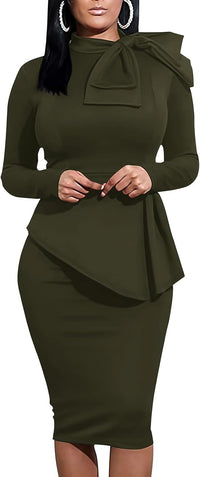 Women's Peplum Bodycon Long Sleeve Wear to Work Dresses Bow Party Club Ruffle Formal Cocktail Pencil Dress