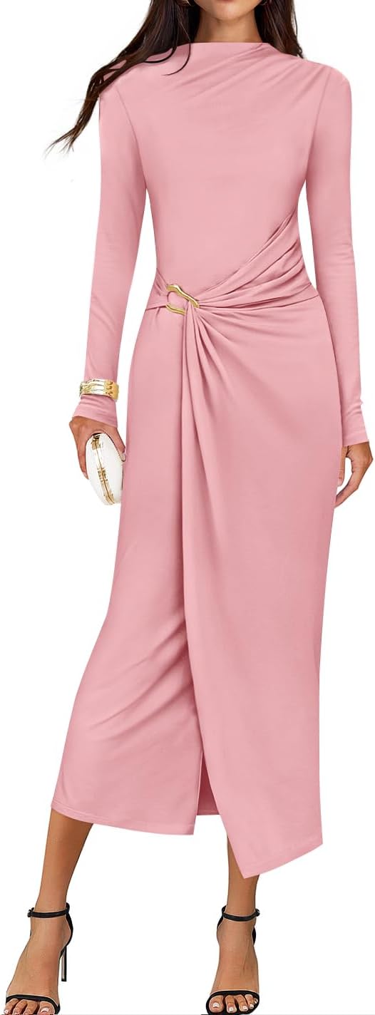 ZESICA Women's 2025 Fall Long Sleeve Bodycon Dress Mock Neck Wedding Guest Cocktail Party Long Midi Dresses