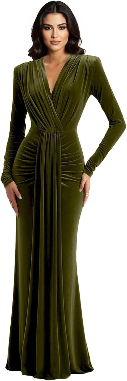 Long Sleeve Velvet Bridesmaid Dress with Tie 2026 V Neck Mermaid Maxi Formal Evening Dress AS010