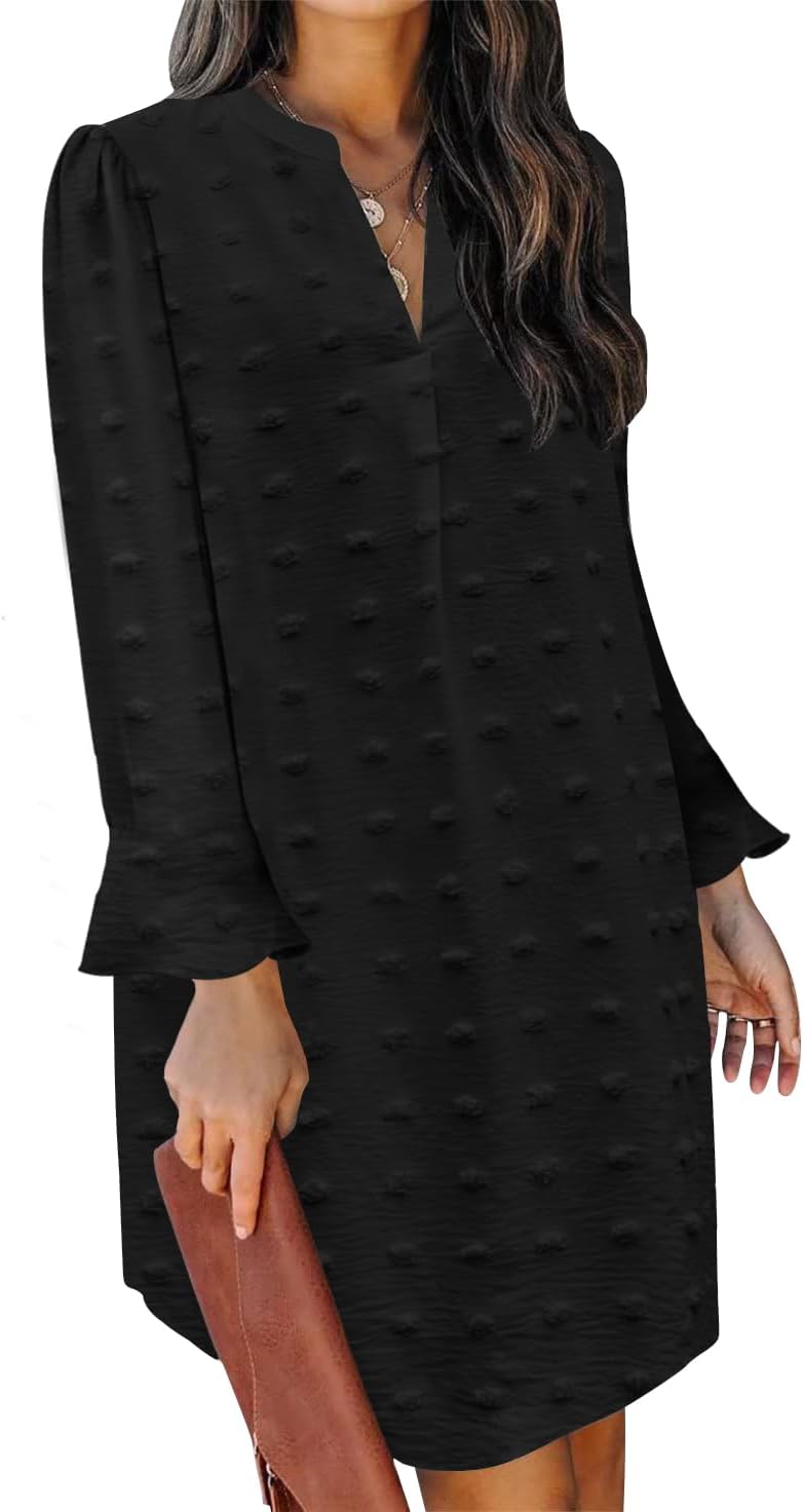 QACOHU Fall Dresses for Women 2025 Casual V Neck Long Sleeves Flowy Mini Tunic Dress