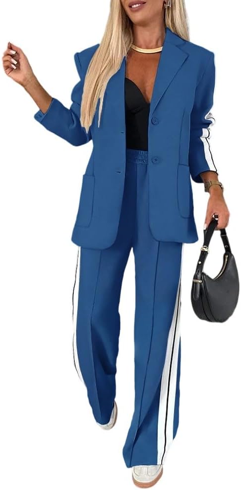 CHICME 2025 Womens Two Piece Outfits Striped Side Button Blazer and Pants with Pockets Sets Business Casual Pant Suits Set