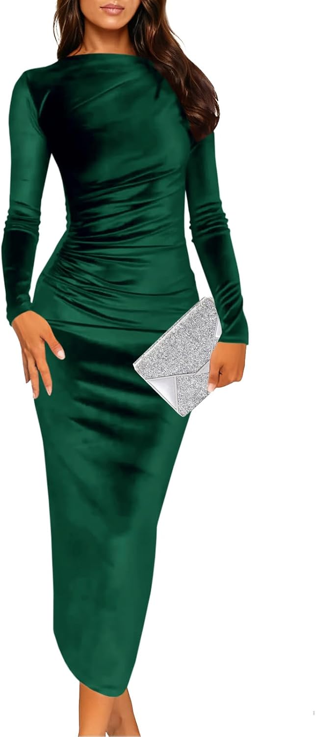 Wenrine Women's Velvet Bodycon Midi Dress Long Sleeve Ruched Elegant Cocktail Party Dresses