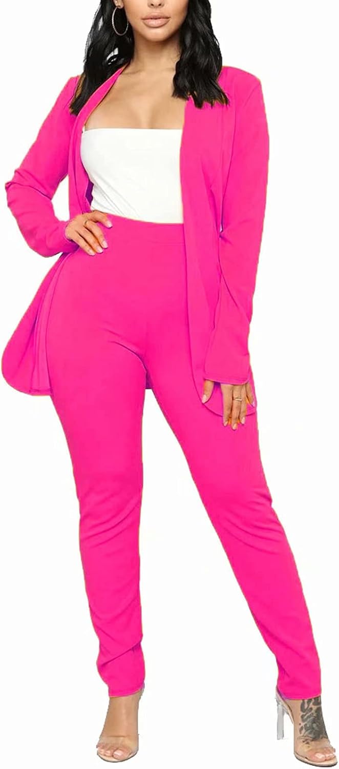 Aro Lora Women's 2 Piece Outfit Casual Solid Open Front Blazer and Pencil Pant Suits Set