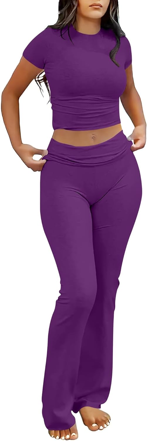 ANRABESS Lounge Sets for Women 2 Piece Foldover Yoga Flare Leggings Pants Crop Tops Casual Y2K Outfits Matching Tracksuit Set