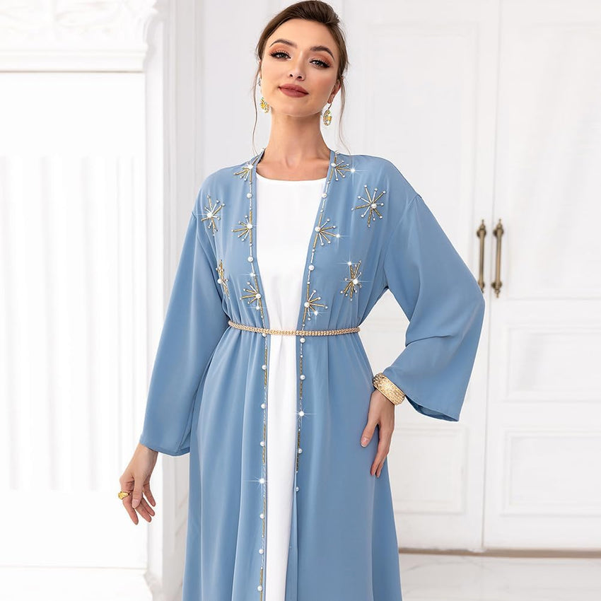 Muslim Abaya Long Sleeve Open Front Rhinestones Kaftan Cardigan Maxi Dress for Women with Belt