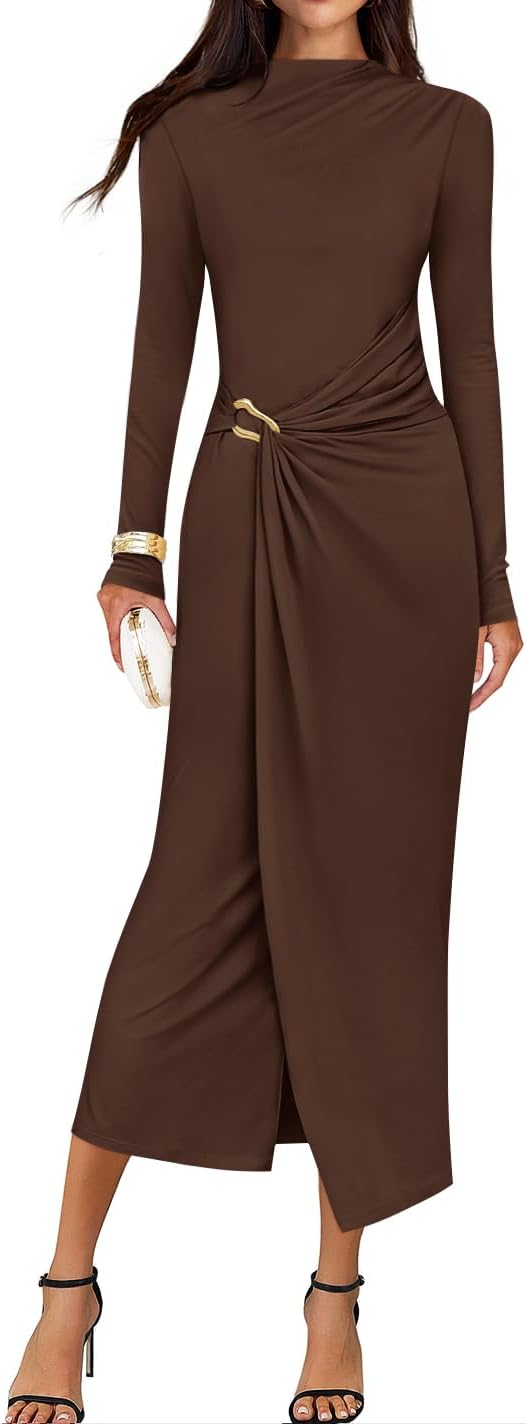 ZESICA Women's 2025 Fall Long Sleeve Bodycon Dress Mock Neck Wedding Guest Cocktail Party Long Midi Dresses