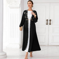 Muslim Abaya Long Sleeve Open Front Rhinestones Kaftan Cardigan Maxi Dress for Women with Belt