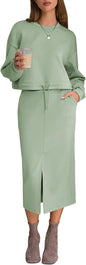 EXLURA Womens 2 Piece Skirts Set Fall Airport Drawstring Sweatshirts Midi Skirt Dress Lounge Sets Travel Outfits Winter 2025