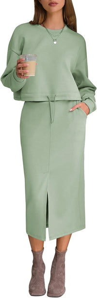 EXLURA Womens 2 Piece Skirts Set Fall Airport Drawstring Sweatshirts Midi Skirt Dress Lounge Sets Travel Outfits Winter 2025