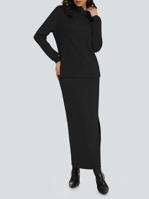 Casly Lamiit Women's 2 Piece Skirt Set Turtleneck Tops Long Skirt Matching Outfits with Pockets Fall Loungewear