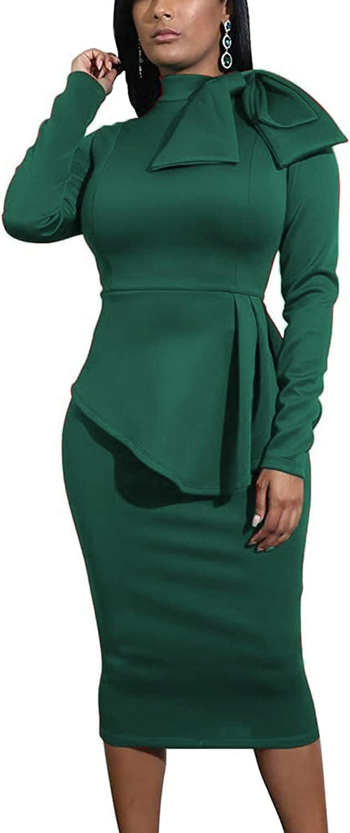 Women's Peplum Bodycon Long Sleeve Wear to Work Dresses Bow Party Club Ruffle Formal Cocktail Pencil Dress