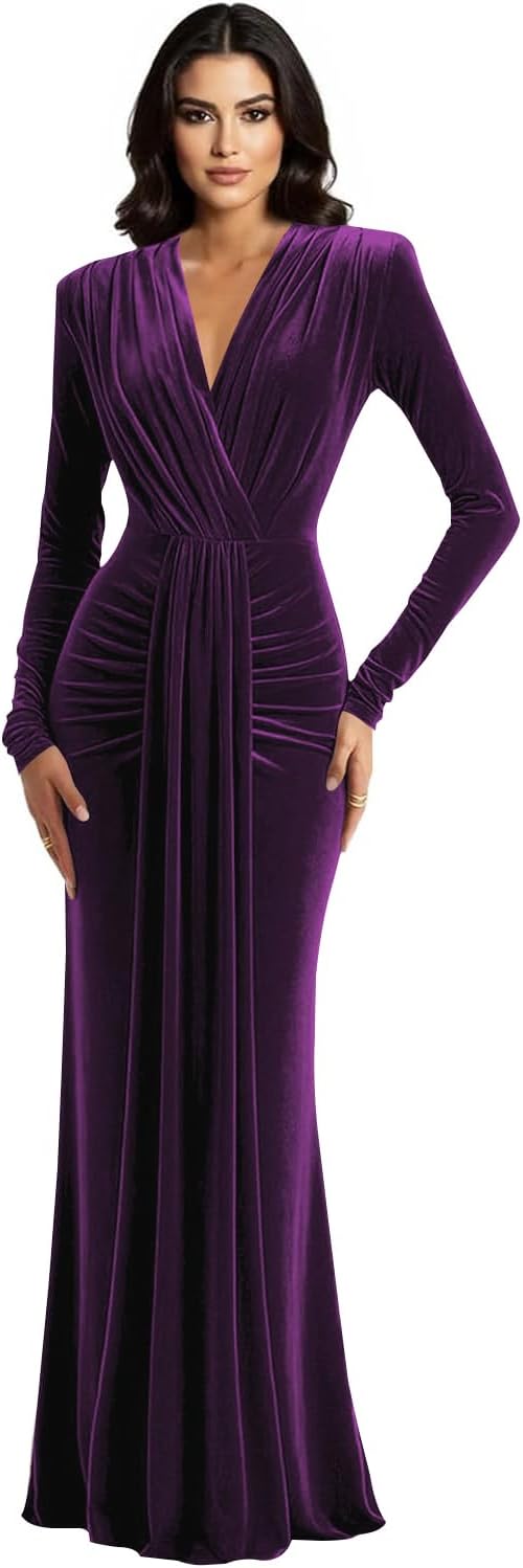 Long Sleeve Velvet Bridesmaid Dress with Tie 2026 V Neck Mermaid Maxi Formal Evening Dress AS010