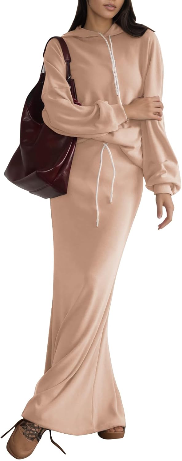 EXLURA Women 2 Piece Outfits Fall Airport Long Sleeve Hoodies Matching Long Skirt Dress Sweatsuits Lounge Sets Winter 2025