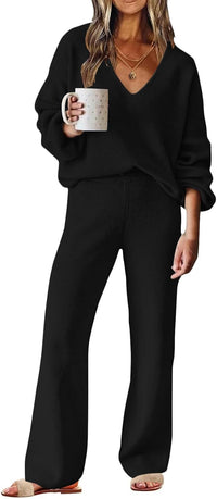 ETCYY NEW Womens 2 Piece Outfits Sweater Lounge Set Casual V Neck Knit Pajama Set Long Sleeve Top Wide Leg Pants Loungewear