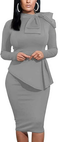 Women's Peplum Bodycon Long Sleeve Wear to Work Dresses Bow Party Club Ruffle Formal Cocktail Pencil Dress