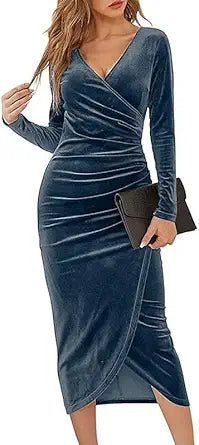 Women's V Neck Wrap Sexy Velvet Long Sleeve Elegant Bodycon Ruched Cocktail Party