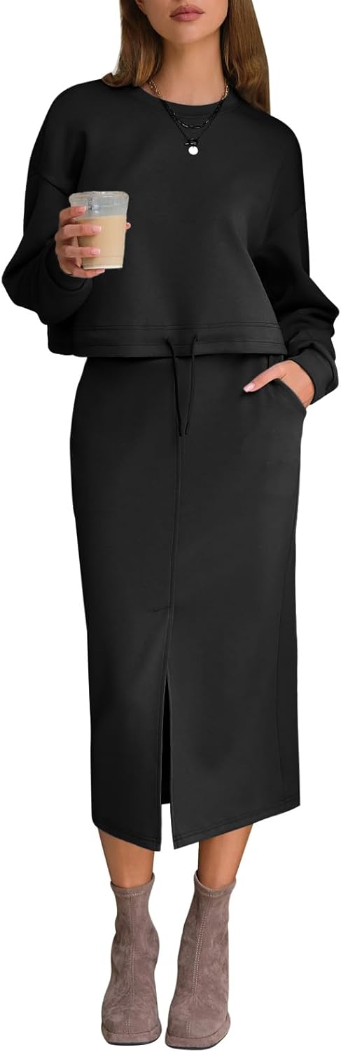 EXLURA Womens 2 Piece Skirts Set Fall Airport Drawstring Sweatshirts Midi Skirt Dress Lounge Sets Travel Outfits Winter 2025