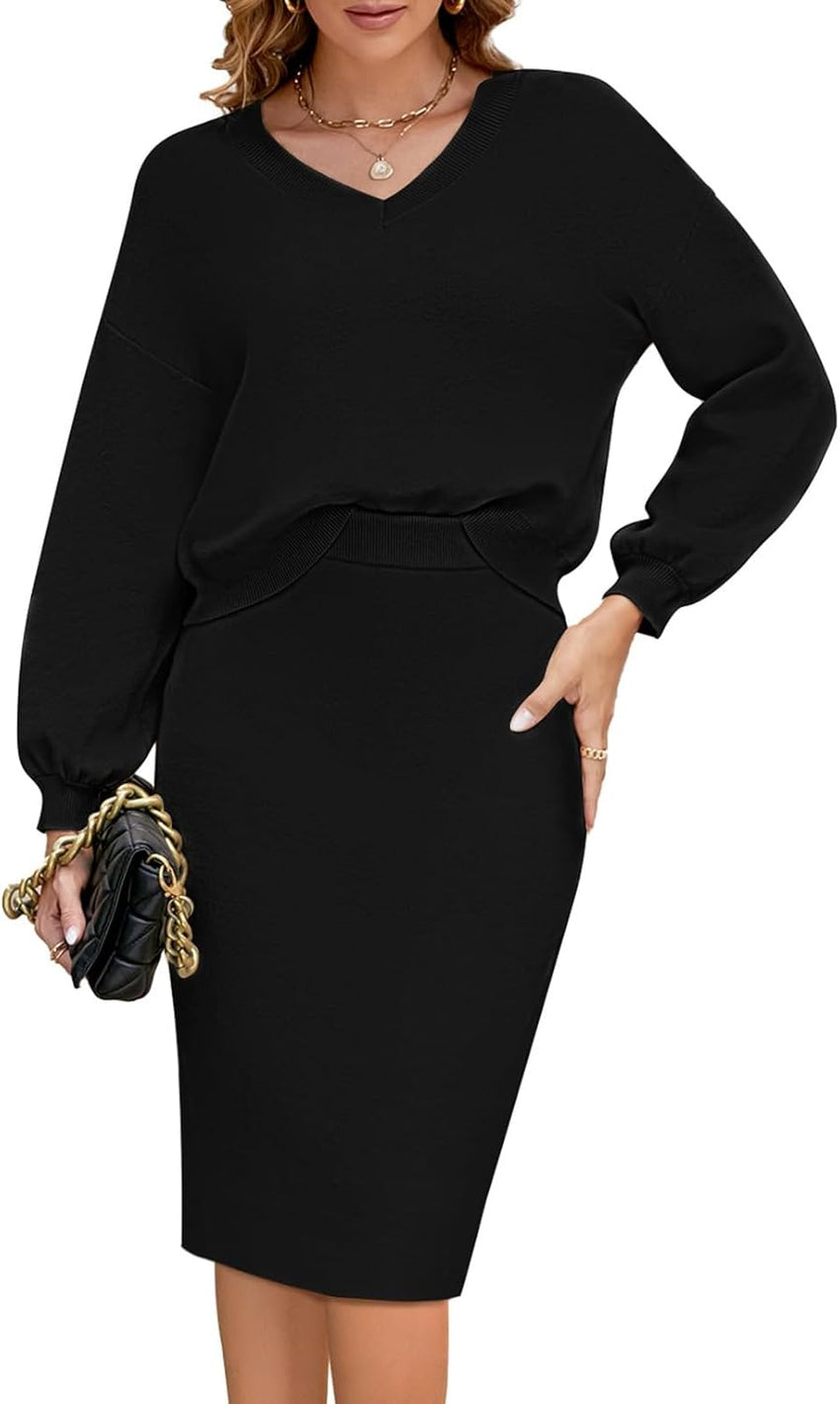 Pink Queen Women's 2 Piece Outfits Set Knit V Neck Batwing Long Sleeve Loose Top Bodycon Midi Skirt Sweater Dresses