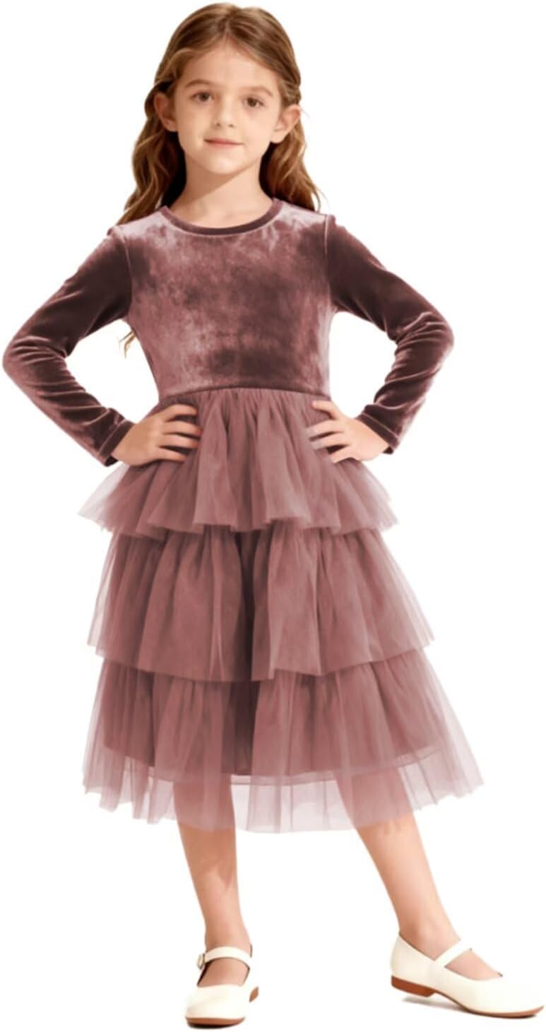 Christmas Dress Girls Velvet Tulle Puffy Long Sleeve Formal Party Dresses Princess Birthday Wedding Guest Dress