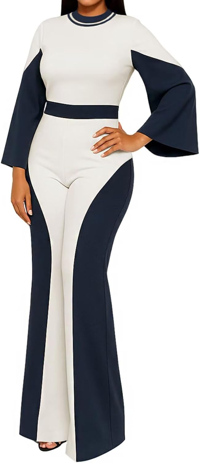 WXN Two Piece Sets for Women Going Out Long Flared Sleeve Colorblock Crop Top Wide Pants Set Brunch Outfits