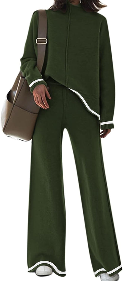 Fixmatti Women's Sweater Set High Neck Long Sleeve Top and Wide Leg Pant 2 Piece Lounge Set