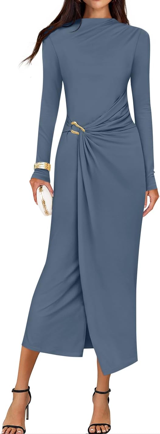 ZESICA Women's 2025 Fall Long Sleeve Bodycon Dress Mock Neck Wedding Guest Cocktail Party Long Midi Dresses