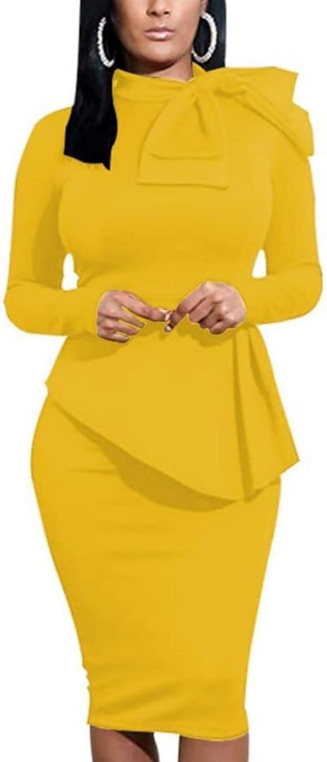 Women's Peplum Bodycon Long Sleeve Wear to Work Dresses Bow Party Club Ruffle Formal Cocktail Pencil Dress