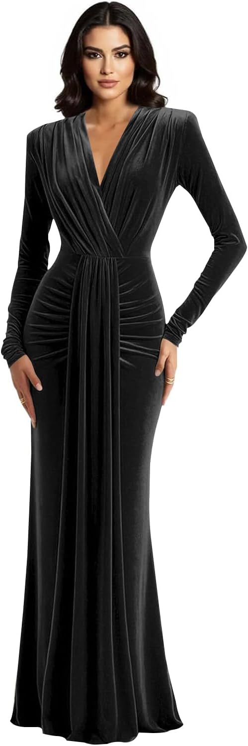Long Sleeve Velvet Bridesmaid Dress with Tie 2026 V Neck Mermaid Maxi Formal Evening Dress AS010