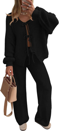 ZESICA Women's 2 Piece Outfits Lounge Pajama Sets 2025 Fall Long Sleeve Cardigans Wide Leg Pants Matching Winter Clothes
