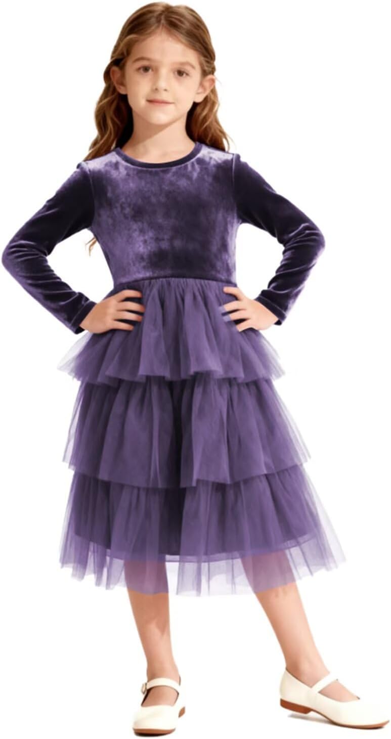 Christmas Dress Girls Velvet Tulle Puffy Long Sleeve Formal Party Dresses Princess Birthday Wedding Guest Dress