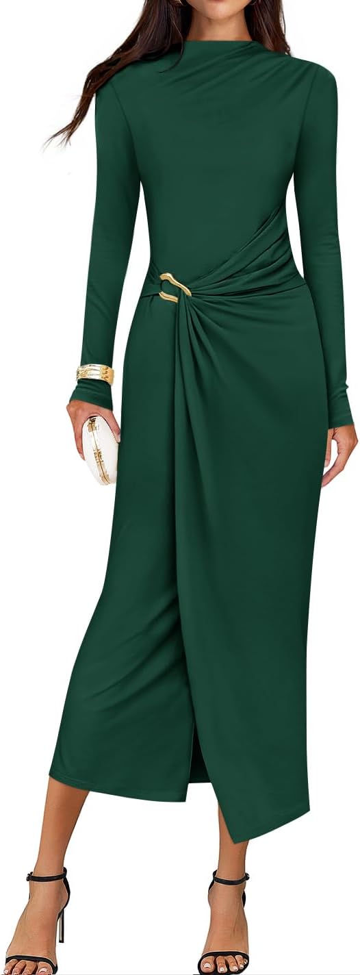 ZESICA Women's 2025 Fall Long Sleeve Bodycon Dress Mock Neck Wedding Guest Cocktail Party Long Midi Dresses