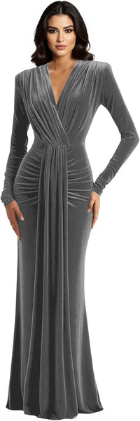 Long Sleeve Velvet Bridesmaid Dress with Tie 2026 V Neck Mermaid Maxi Formal Evening Dress AS010