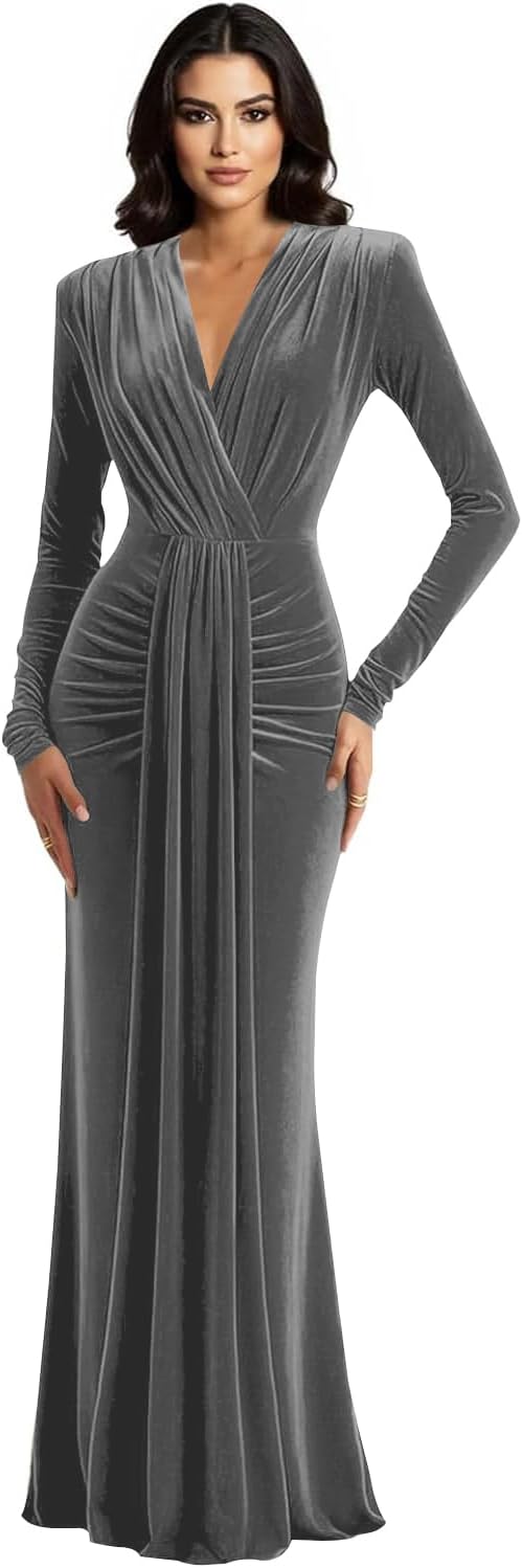 Long Sleeve Velvet Bridesmaid Dress with Tie 2026 V Neck Mermaid Maxi Formal Evening Dress AS010