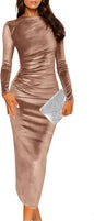 Wenrine Women's Velvet Bodycon Midi Dress Long Sleeve Ruched Elegant Cocktail Party Dresses