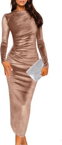 Wenrine Women's Velvet Bodycon Midi Dress Long Sleeve Ruched Elegant Cocktail Party Dresses