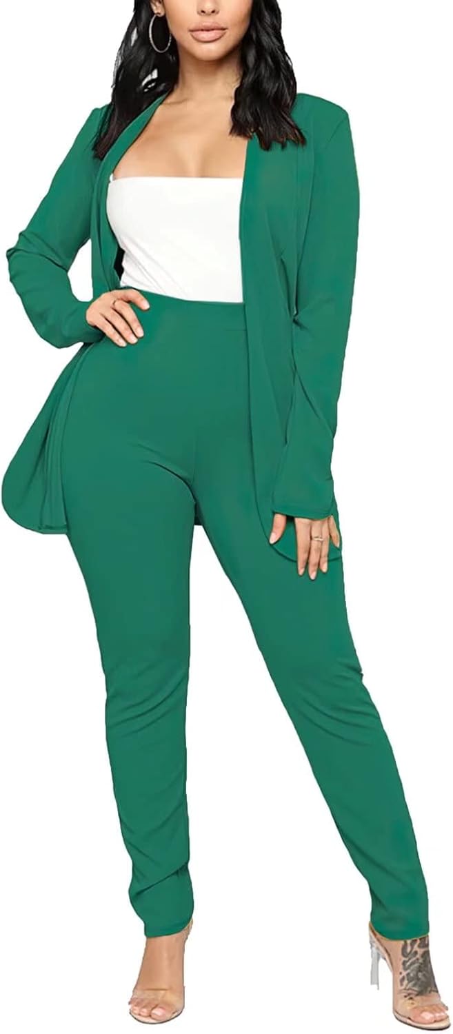 Aro Lora Women's 2 Piece Outfit Casual Solid Open Front Blazer and Pencil Pant Suits Set