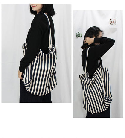 ELYEEBLEE 2 Pcs Lightweight Soft Casual Striped Canvas Shopping Tote Bags with Inner Pocket