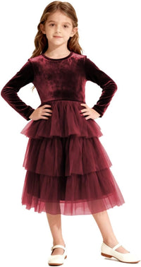 Christmas Dress Girls Velvet Tulle Puffy Long Sleeve Formal Party Dresses Princess Birthday Wedding Guest Dress
