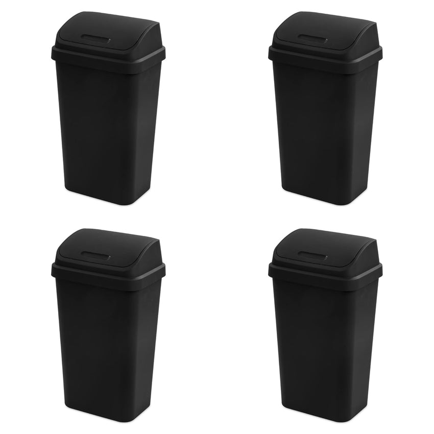 Sterilite 4-Pack Swing Top Wastebasket, Sleek Square Profile Trash Can, 13 Gallon, Black - Modern Garbage Bin for Kitchen, Bathroom, Garage and Workspace, Fits 13 Gal Liners