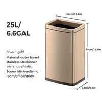 25L/6 Gallon Stainless Steel Square Trash Can, Large Kitchen Garbage Can, Office Commercial Trash Bin Champagne Gold Garbage Can, Large Open Top Waste Basket (25Lgold)